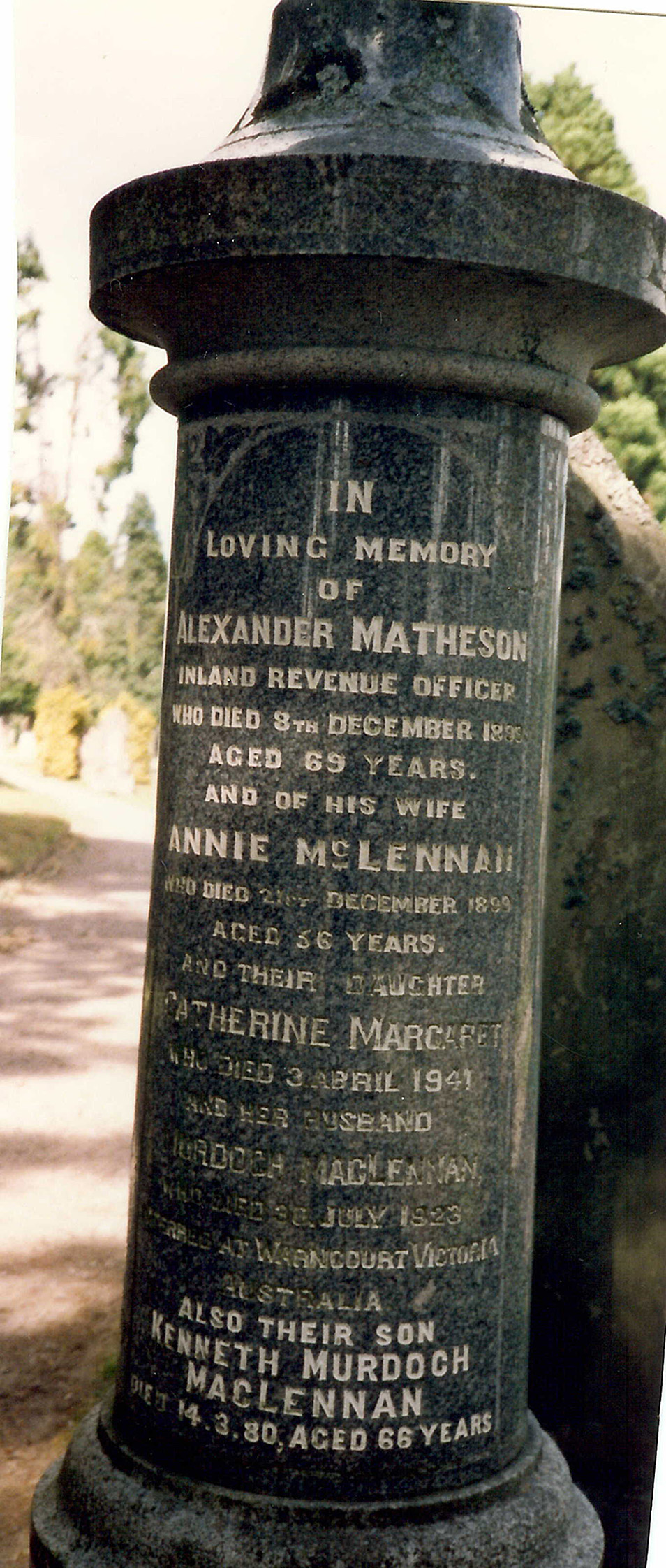 Photo of headstones/Annie McLennan (Matheson) died 1899 MI Tomnahurich, Inverness